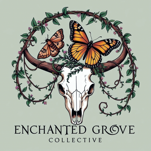 logo for enchanted grove collective that includes a bull skull with vines around it with little pink flowers and a monarch butterfly and brown moth above the skull within the vines